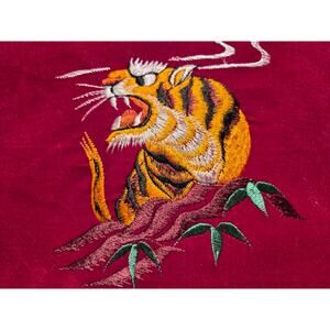 Asian Decor Embroidered Pillow Red Embroidered Tiger Fringe Silk Gold